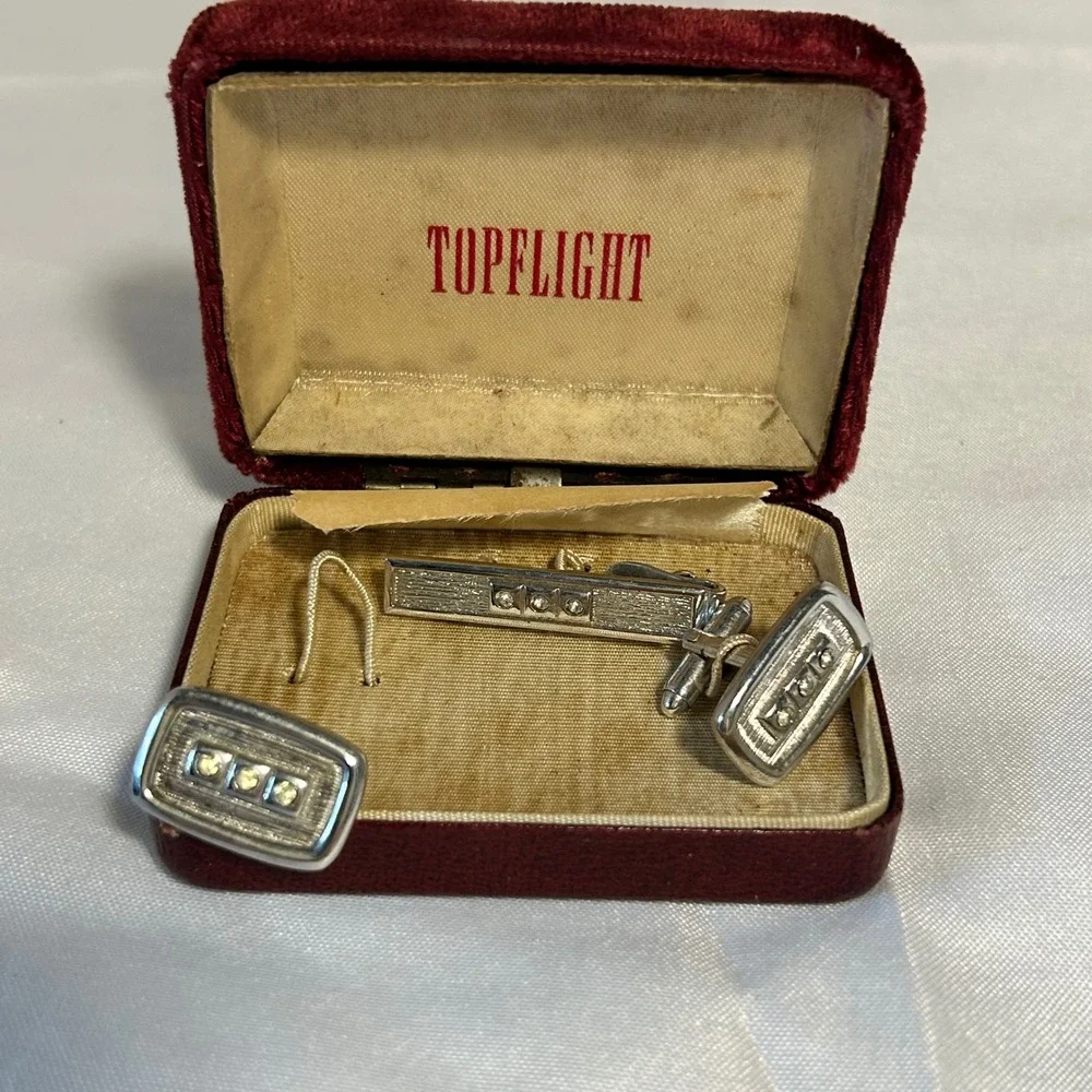 Topflight Silver Tone Mens Cufflinks‎ and Tie Clip Set Sparkle Stones Vintage